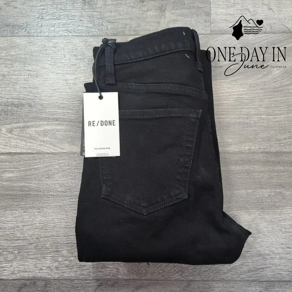 Re/Done 70s Stove Pipe Jeans Black Noir With Rip High Rise NWT Size 00 (24)
